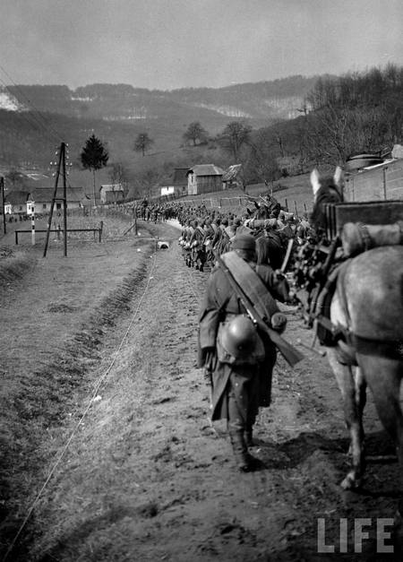 Колона мадярської піхоти марширує в Карпатах. Березень 1939 р.