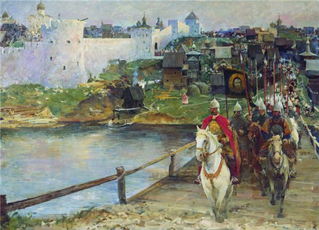 Выход войск князя Дмитрия из Москвы в 1380 г. на сбор в Коломну. Художник Е. Данилевский